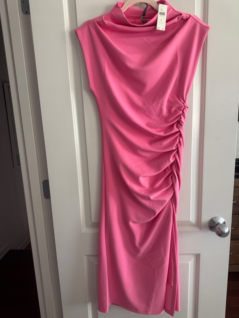 Anthropologie Hot Pink Sleeveless Ruched Midi Dress